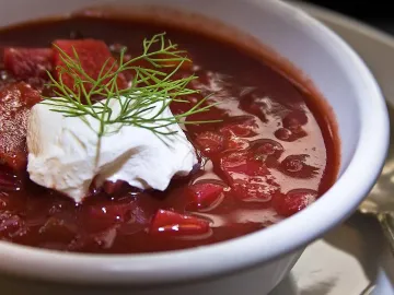 Тарелка борща со сметаной и веточкой укропа