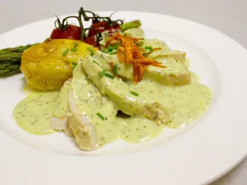 Ломтики куриной грудки под зелёным соусом на белой тарелке