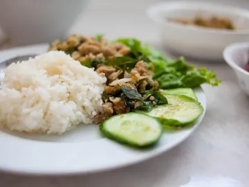 Ларб с курицей и зеленью с рисом и огурцом на тарелке