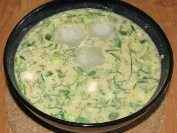 Окрошка на айране с зеленью и кубиками льда