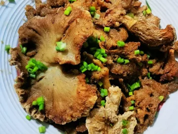 Жареные вешенки в золотистой корочке с зелёным луком на белой тарелке
