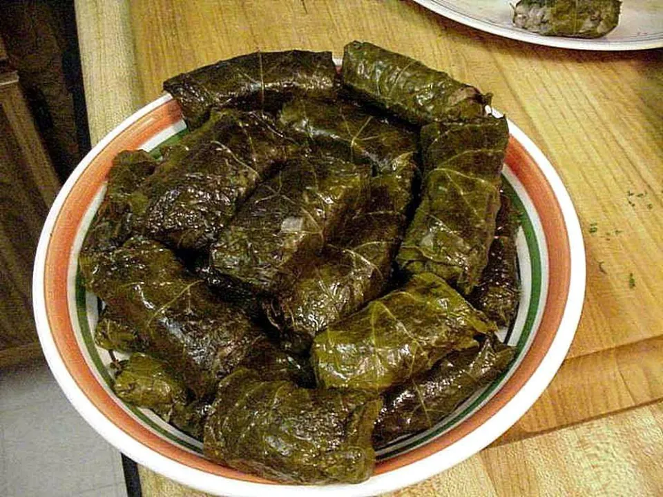 Долма из виноградных листьев на тарелке с цветной каймой