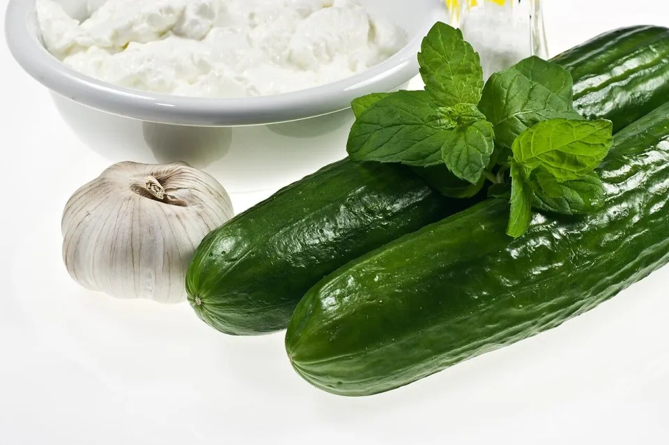 Свежие огурцы, мята и чеснок рядом с миской кисломолочного продукта
