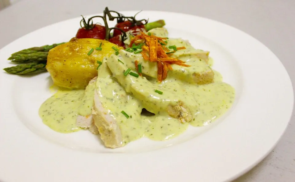 Ломтики куриной грудки под зелёным соусом на белой тарелке