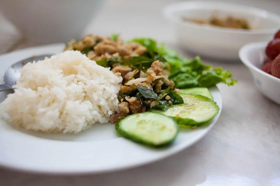 Ларб с курицей и зеленью с рисом и огурцом на тарелке