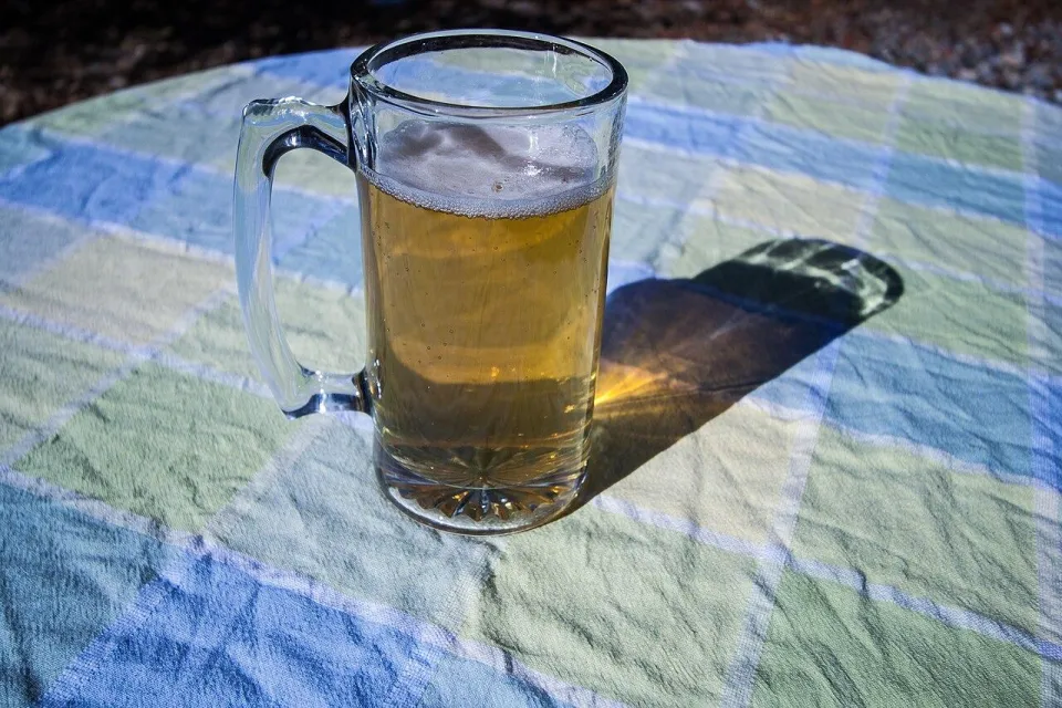 Кружка золотистого пива с сидром на клетчатой скатерти