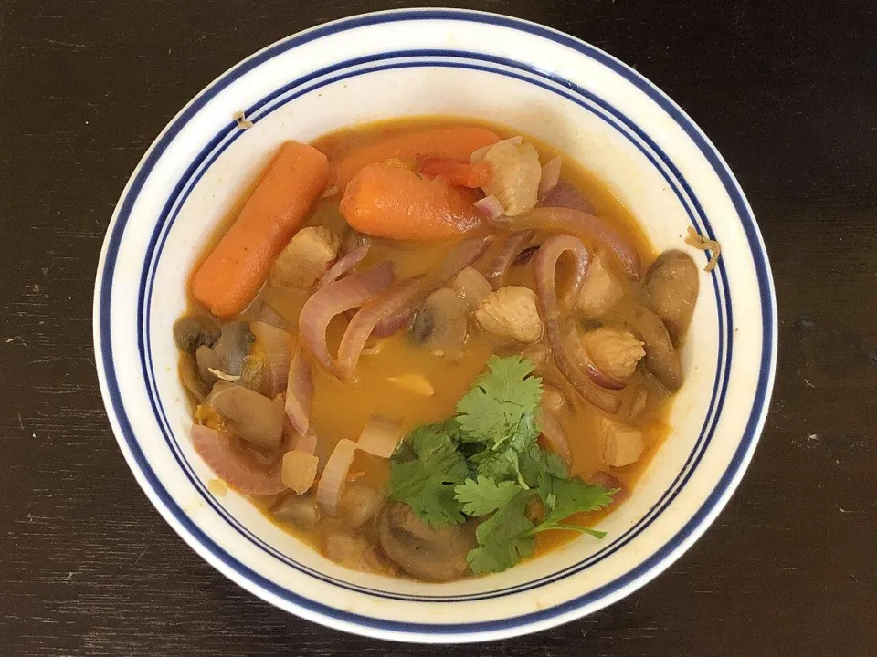 Суп на кокосовом молоке с курицей, шампиньонами, морковью и кинзой